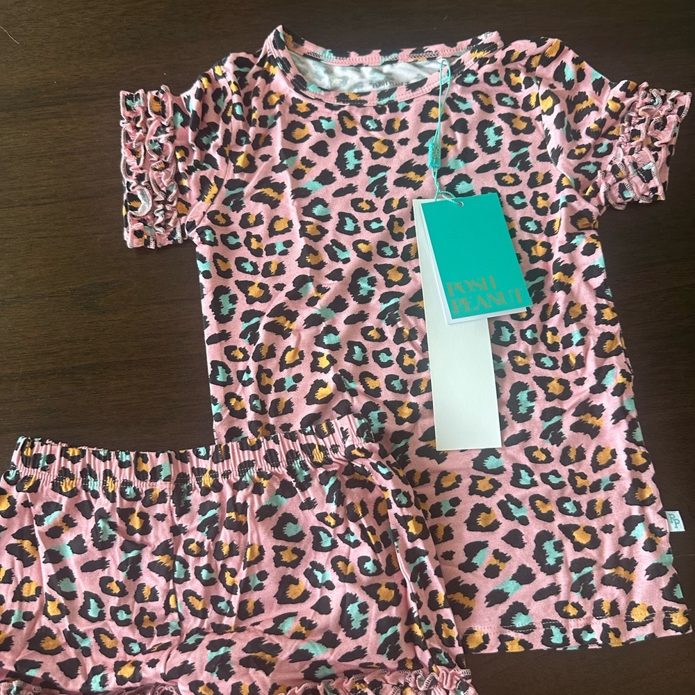 Posh Peanut Pink Leopard Ruffle Sleeve Pajama Set with Teal & Gold Spots